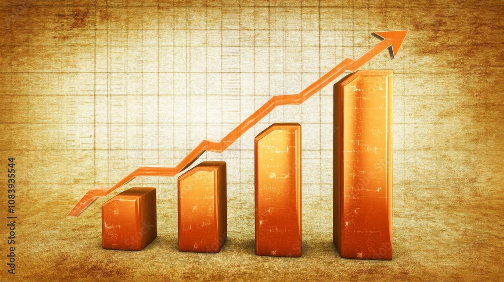 Poster abstract representation of financial growth and success through vibrant orange bars and an arrow ill