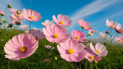 Obraz premium Soft pink cosmos flowers blooming under a clear blue sky