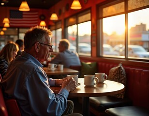 Mature man enjoys early morning coffee in diner. American flags decorate eatery. Patriotism, spring vibes. Indoor retro cafe setting. People gather. Cozy atmosphere. Veteran possibly enjoying