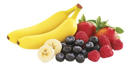 Banana with mixed high-fiber fruits, health-focused composition, detailed textures and vibrant colors, 3D illustration