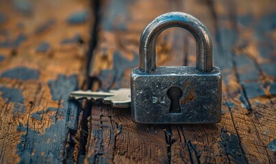 A single, silver padlock with key inserted, on a rustic wooden table