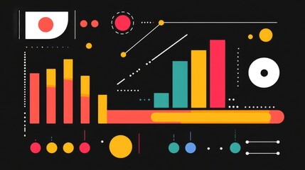 Fototapeta premium Abstract illustration of colorful data visualization elements representing growth trends, pie charts, and statistical graphs on a dark background for business analysis and reports