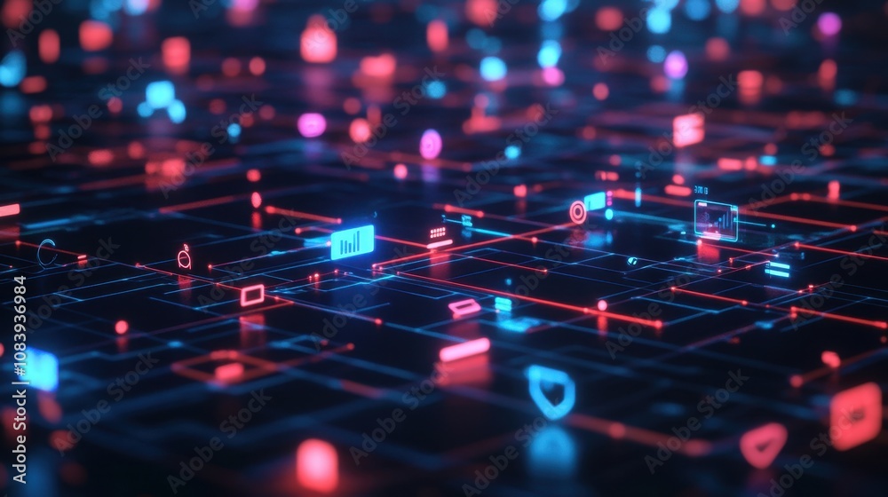 Poster futuristic digital network interface with colorful icons and symbols representing technology, data, 