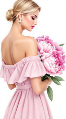 A blonde in a pink off-shoulder dress holding large peonies. 