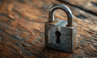 A single, silver padlock with key inserted, on a rustic wooden table