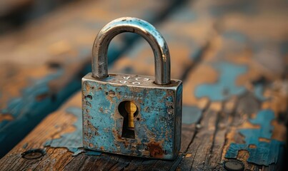A single, silver padlock with key inserted, on a rustic wooden table