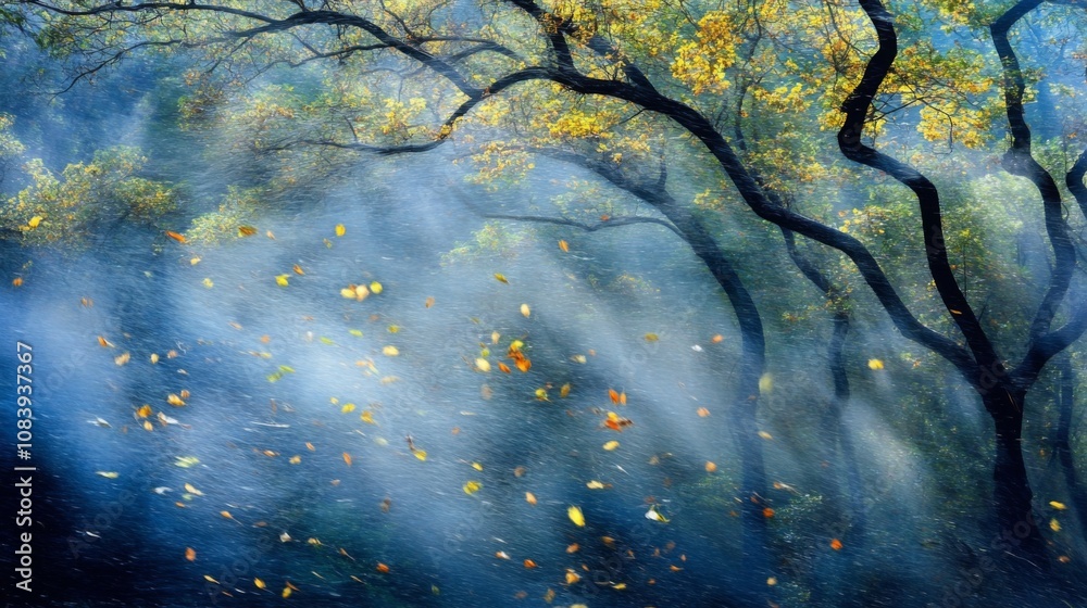 Poster Enchanted Autumn Forest with Colorful Leaves Dancing in the Breeze Under Soft Sunlight Filtering Through the Trees in a Serene and Tranquil Atmosphere