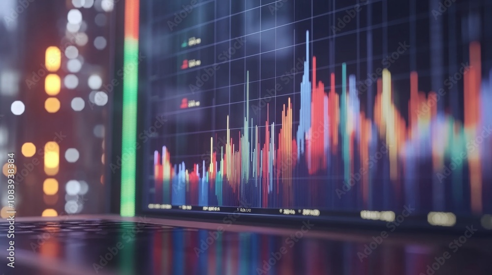 Leinwandbilder colorful financial data visualization on laptop screen, analyzing stock market trends and trading pe