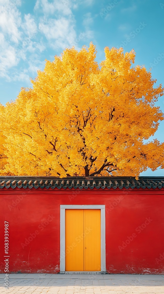 Sticker Autumnal Gold Tree and Red Wall with Yellow Door