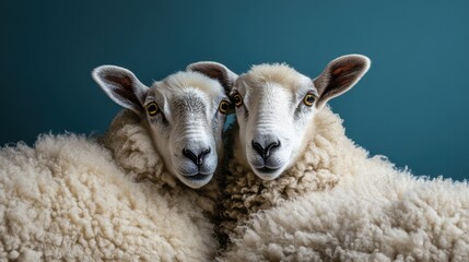 Obraz premium Two Charming Sheep with Fluffy Wool Posing Together Against a Solid Teal Background, Capturing the Essence of Farm Life and Animal Companionship