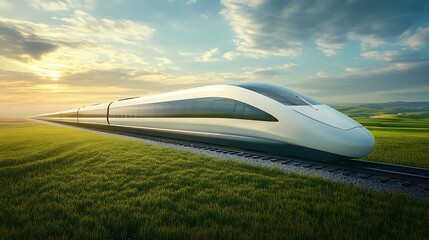 Modern High-Speed Train Across Green Field at Sunset
