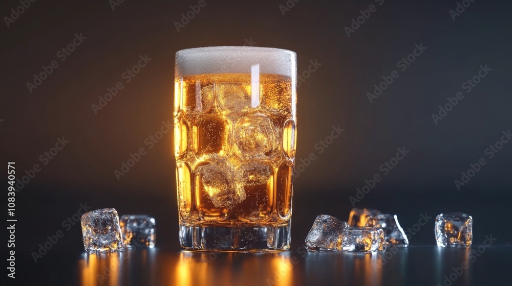 Poster Refreshing Beer in a Frosted Glass with Ice on a Dark Surface Illuminated by Soft Lighting, Capturing a Perfectly Chilled Beverage Experience