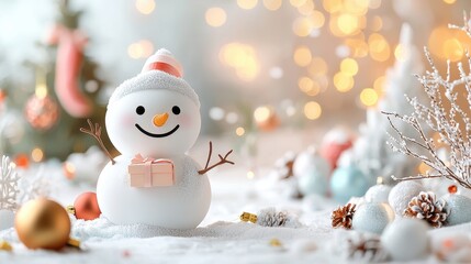 Obraz premium Cheerful snowman wearing a festive hat with a gift in front of a beautifully decorated Christmas tree surrounded by sparkling lights and winter decorations