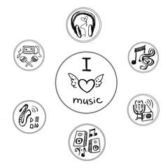 Hand-drawn music icons including headphones, instruments, and a central I love music design with a heart and wings, isolated on white background. Concept of music passion