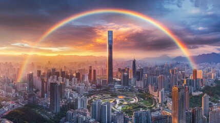 Fototapeta premium Majestic Rainbow Over Urban Cityscape with Skyscrapers and Golden Sunset Sky Reflecting Off Buildings in a Breathtaking Panorama of Modern Architecture