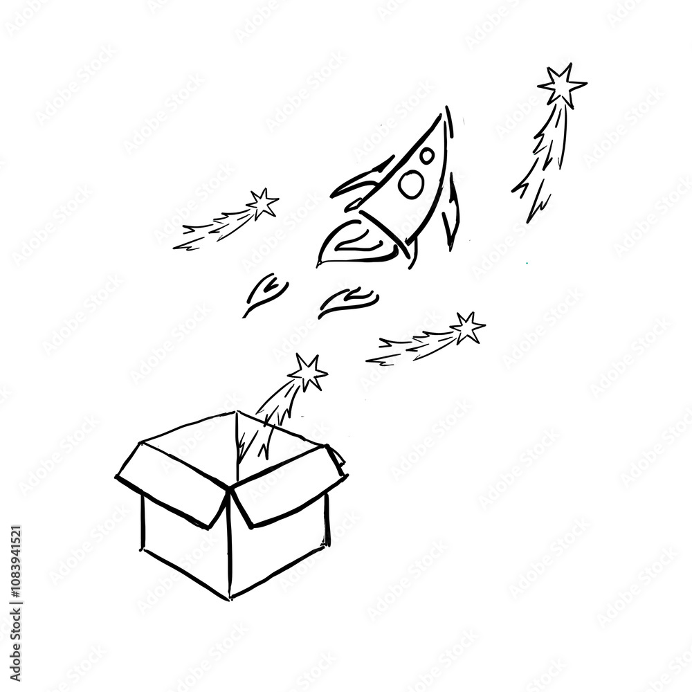 Aufkleber hand-drawn sketch of a rocket launching from an open box with stars and trails flying around. simple