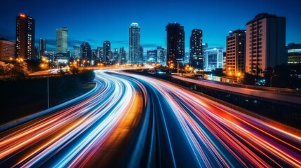 Obraz premium Dynamic Nightscape of Urban City Skyline with Light Trails from Busy Traffic and Modern Architecture Under a Clear Blue Sky