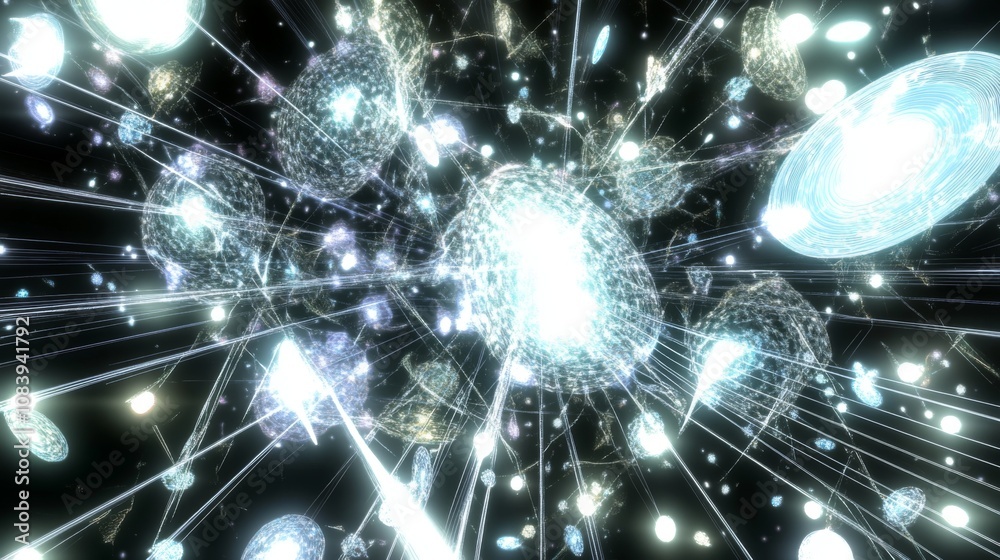 Aufkleber abstract representation of cosmic explosion with luminous spheres and radiant beams in a dark backgr