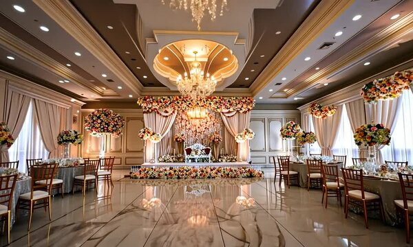 Lavish wedding reception hall with elegant decor, floral arrangements, chandeliers, and gold chiavari chairs.