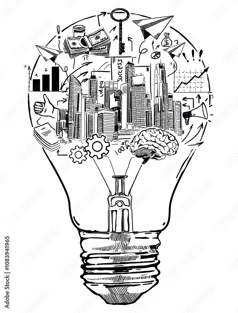Poster hand-drawn illustration of a lightbulb with various business and success symbols inside. and white s
