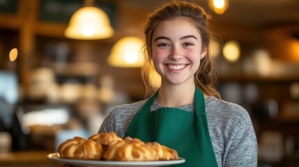 smiling barista holding a tray of fresh pastries in a cozy cafe setting