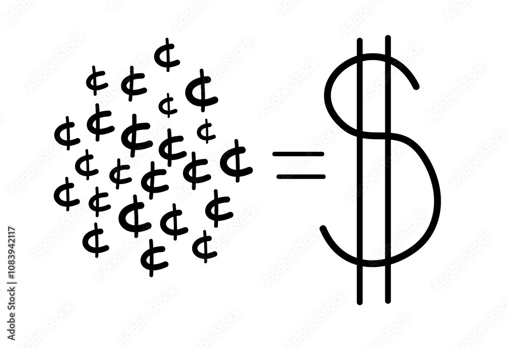 Aufkleber illustration showing many cent signs merging into a dollar symbol with an equals sign in between. li