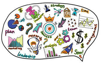 Obraz premium Hand-drawn business icons, such as graphs, puzzle pieces, and gears, illustrating success, innovation, and teamwork. Set on a white background. Concept of planning and management