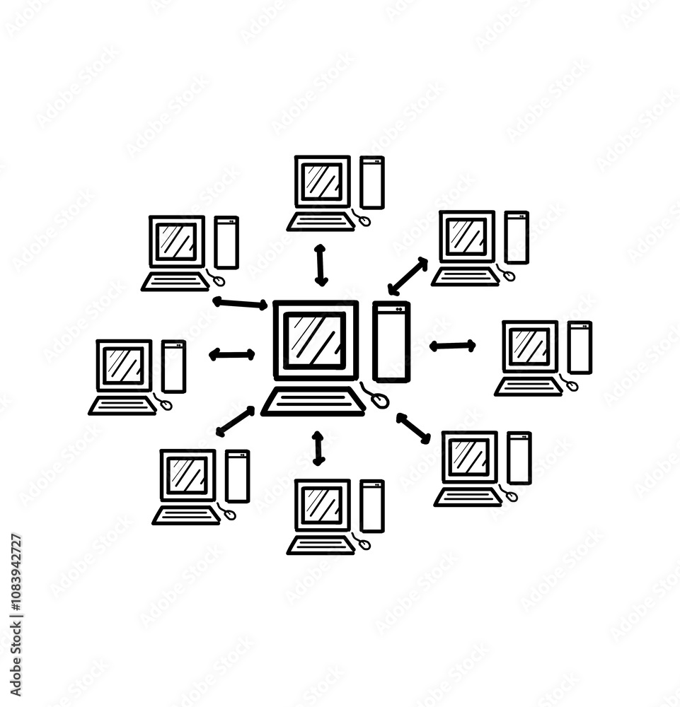 Poster Hand-drawn network diagram illustration showing interconnected computers and devices, arrows indicating connections. Isolated on a white background, concept of communication