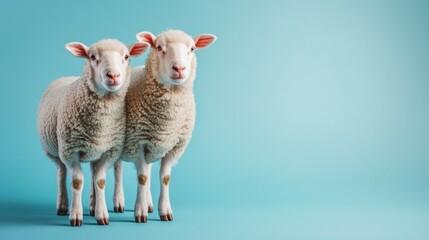 Fototapeta premium Two adorable sheep stand side by side against a vibrant blue background, showcasing their fluffy wool and gentle expressions in a whimsical animal portrait.