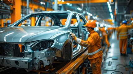 Naklejka premium Workers in bright safety gear are inspecting a car body on an assembly line in a factory setting, showcasing industrial manufacturing processes, This image is ideal for articles, reports