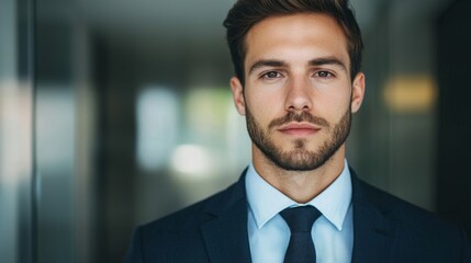 Fototapeta premium A confident young man in a suit stands in a well-lit corridor, exuding professionalism and modern elegance.