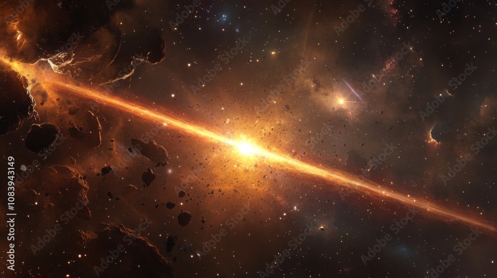 Poster stunning cosmic landscape depicting an expansive starry space with fiery galaxy and dynamic asteroid