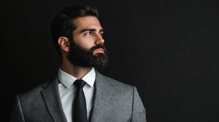 Obraz premium A stylish man with a beard poses in a patterned suit against a dark background, exuding confidence and sophistication.