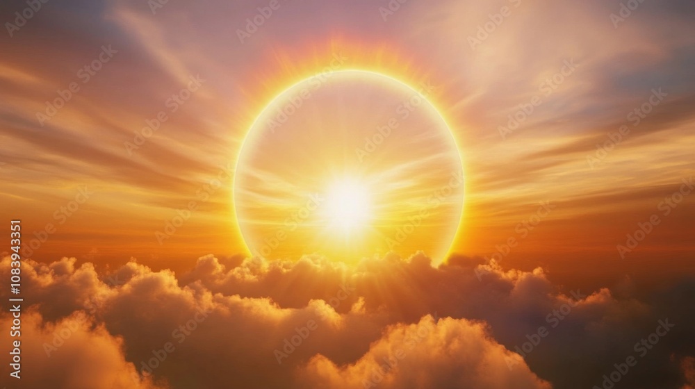 Poster breathtaking sunrise over a sea of clouds with golden rays illuminating the sky, creating a tranquil