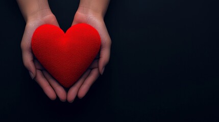 Fototapeta premium A pair of hands gently cradles a vibrant red heart, symbolizing love, care, and compassion against a dark background.