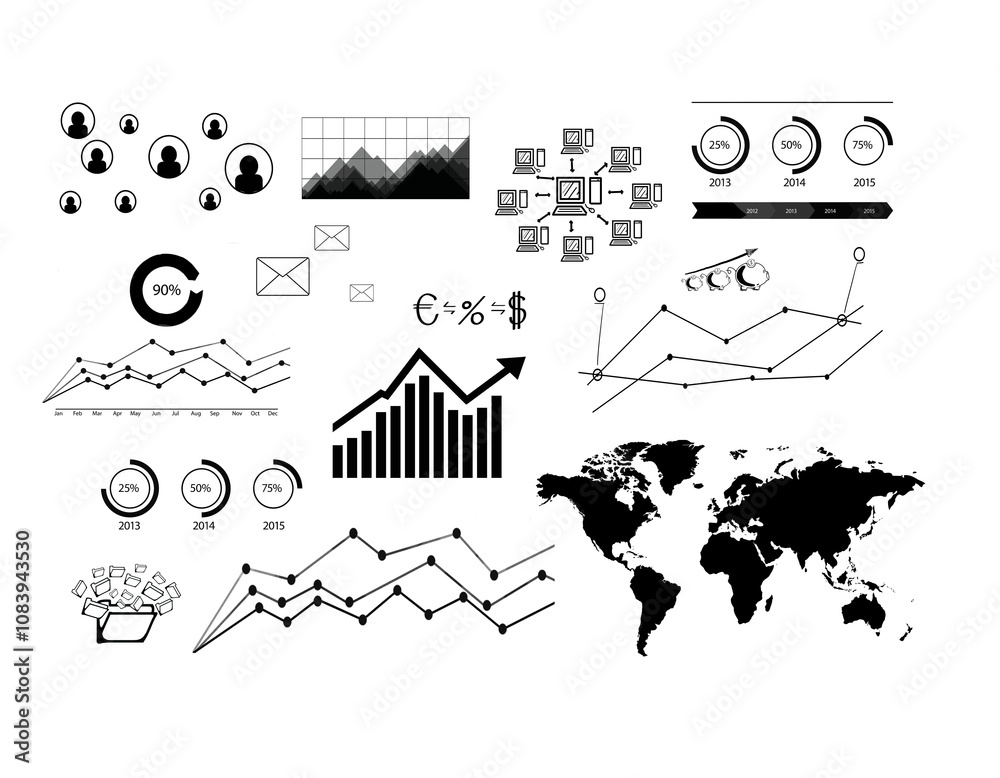 Wall mural The image contains business and financial graphic elements, such as charts, graphs, world map, and icons. Includes line graphs and pie charts on a white background. Concept of data representation