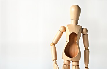 Wooden female figure with empty pregnant belly loss. Empty space inside represents child loss. Image evokes emotions of infertility, motherhood pain. Concept of sadness, trauma. Scene suggests need