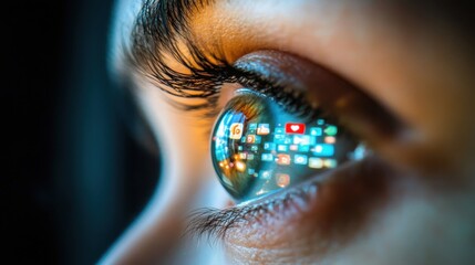 Close-Up of a Human Eye Reflecting Colorful Social Media Icons and Communication Symbols, Capturing the Intersection of Technology and Human Connection in Daily Life