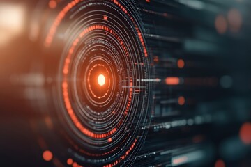 Fototapeta premium Intricate Digital HUD: Glowing Orange Concentric Circles pulse with data streams. Futuristic tech.