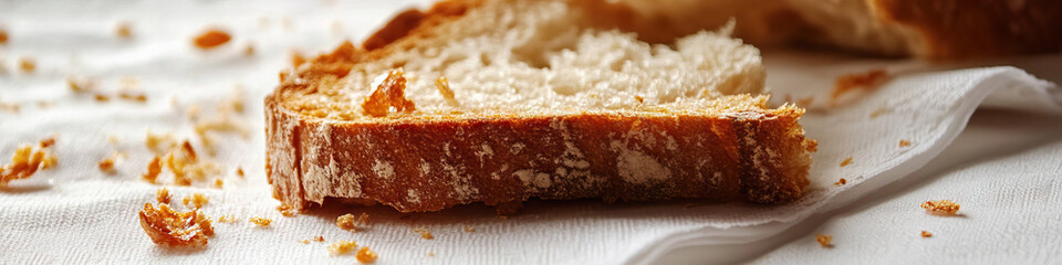 Crusty Comfort: A toasted bread slice, crumbs falling onto a white napkin.