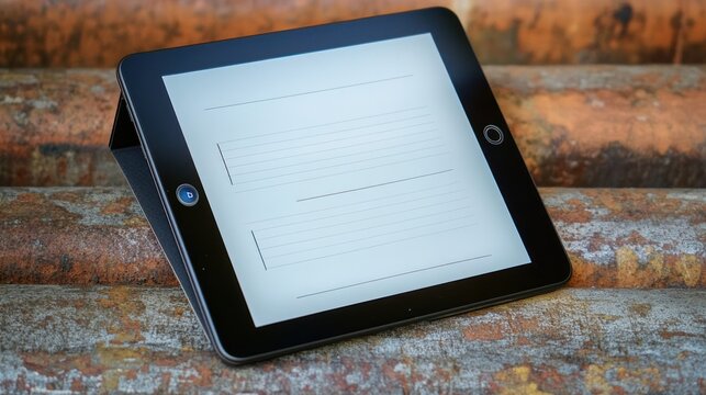 A tablet displaying a blank document on a rustic surface.