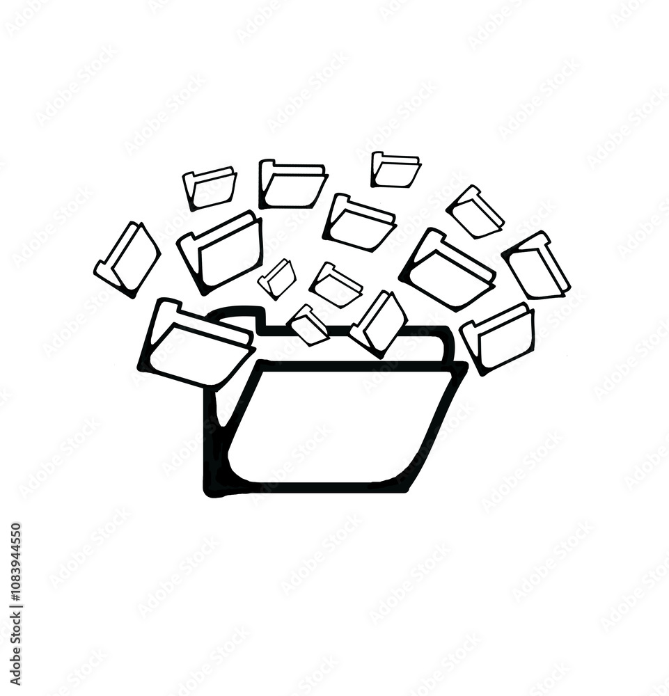 Aufkleber open folder with smaller folders flying out, in a simple sketch style on a white background. represe