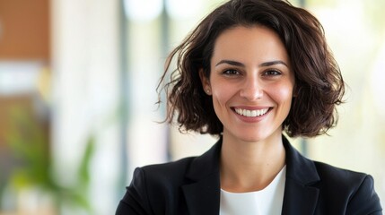 Fototapeta premium A professional woman smiles confidently in a business setting, wearing a black blazer with a bright background.