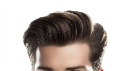 Fototapeta premium A close-up of a stylish male hairstyle featuring voluminous, neatly styled hair and a youthful face, showcasing a trendy and modern look.