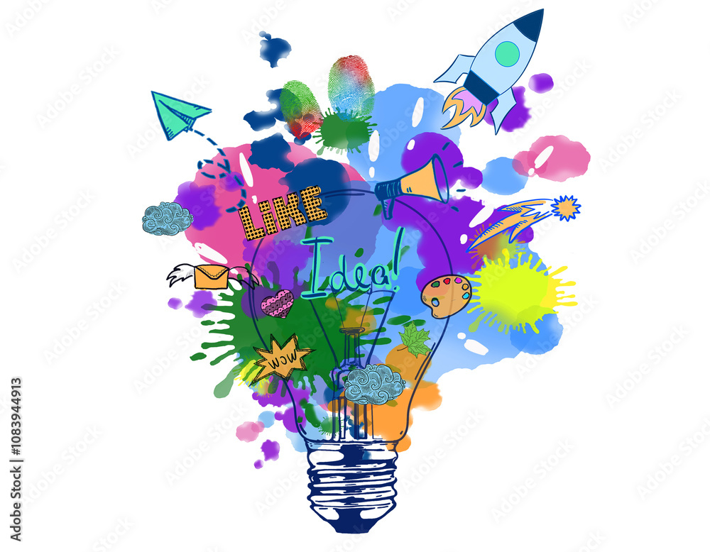 Aufkleber A colorful, artistic lightbulb sketch with splashes of paint and various icons, such as a rocket and speech bubbles, on a white background. Represents creativity