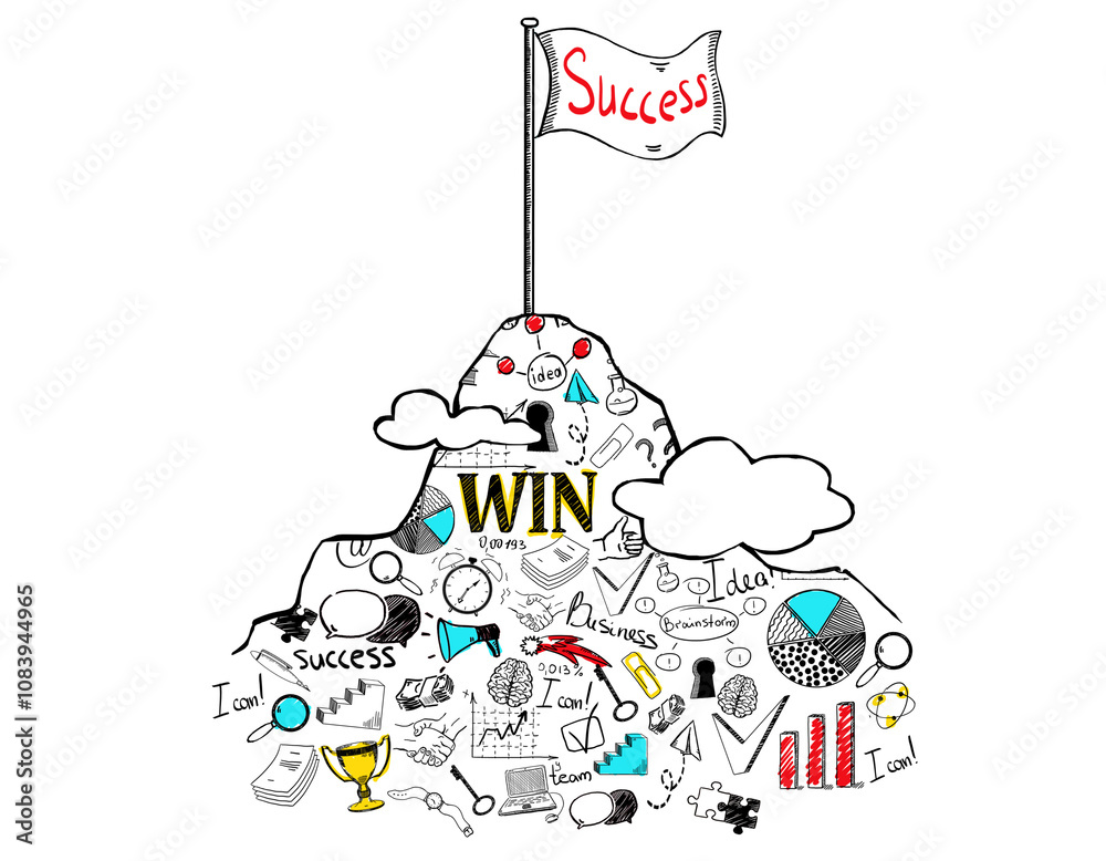 Poster sketch-style mountain filled with success and business-related doodles. flag with success on top. is