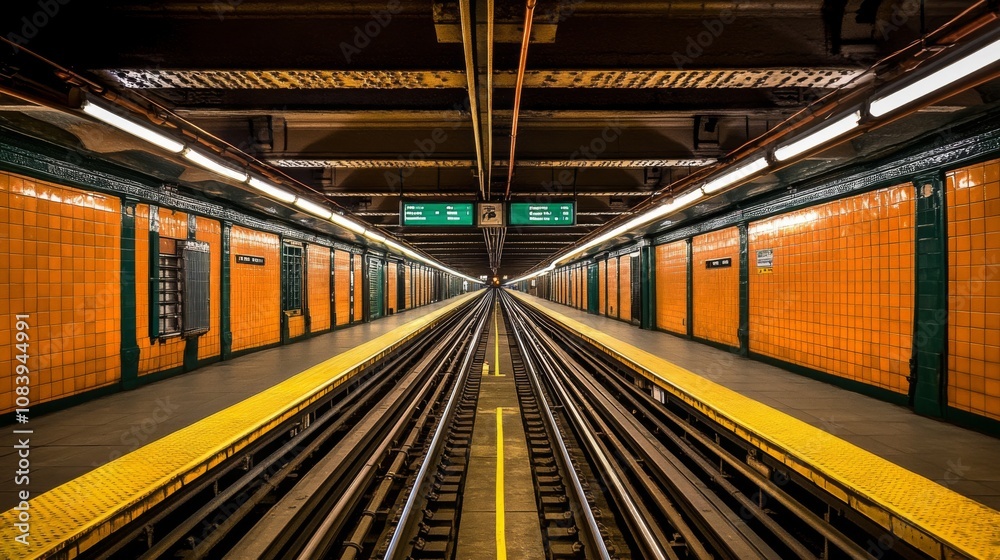 Aufkleber Empty Subway Platform with Orange Tiles and Parallel Train Tracks Leading into the Distance in a Metro Station Environment
