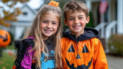 Two smiling children dressed in Halloween costumes pose joyfully in front of a house decorated for the holiday, Perfect for blogs, articles, or marketing related to Halloween celebrations,