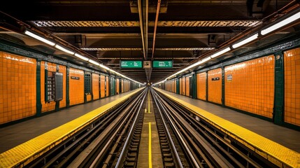 Fototapeta premium Empty Subway Platform with Orange Tiles and Parallel Train Tracks Leading into the Distance in a Metro Station Environment