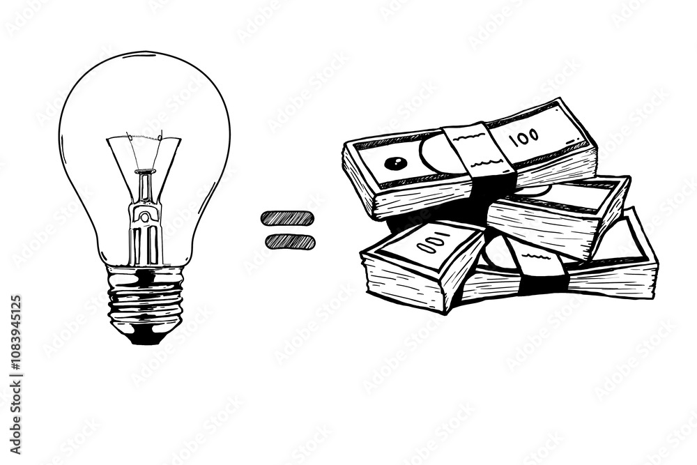 Poster A simple sketch of a lightbulb and stacks of cash with an equals sign between them. Hand-drawn style illustration on a clean white background. Concept of idea value